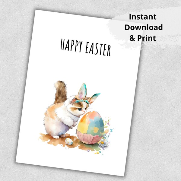 Printable Happy Easter Card, Funny Cat and Easter Egg, Cute Cat Easter Card, Cat Lovers Card, Instant Download, Card to print, Digital pdf