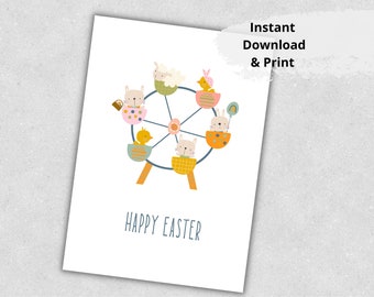 Afdrukbare Happy Easter Card, Сhick Rabbit Duckling Lamb, Paaskaarten voor kinderen, Leuke Paaskaart, Instant Download, Kaart om af te drukken, pdf