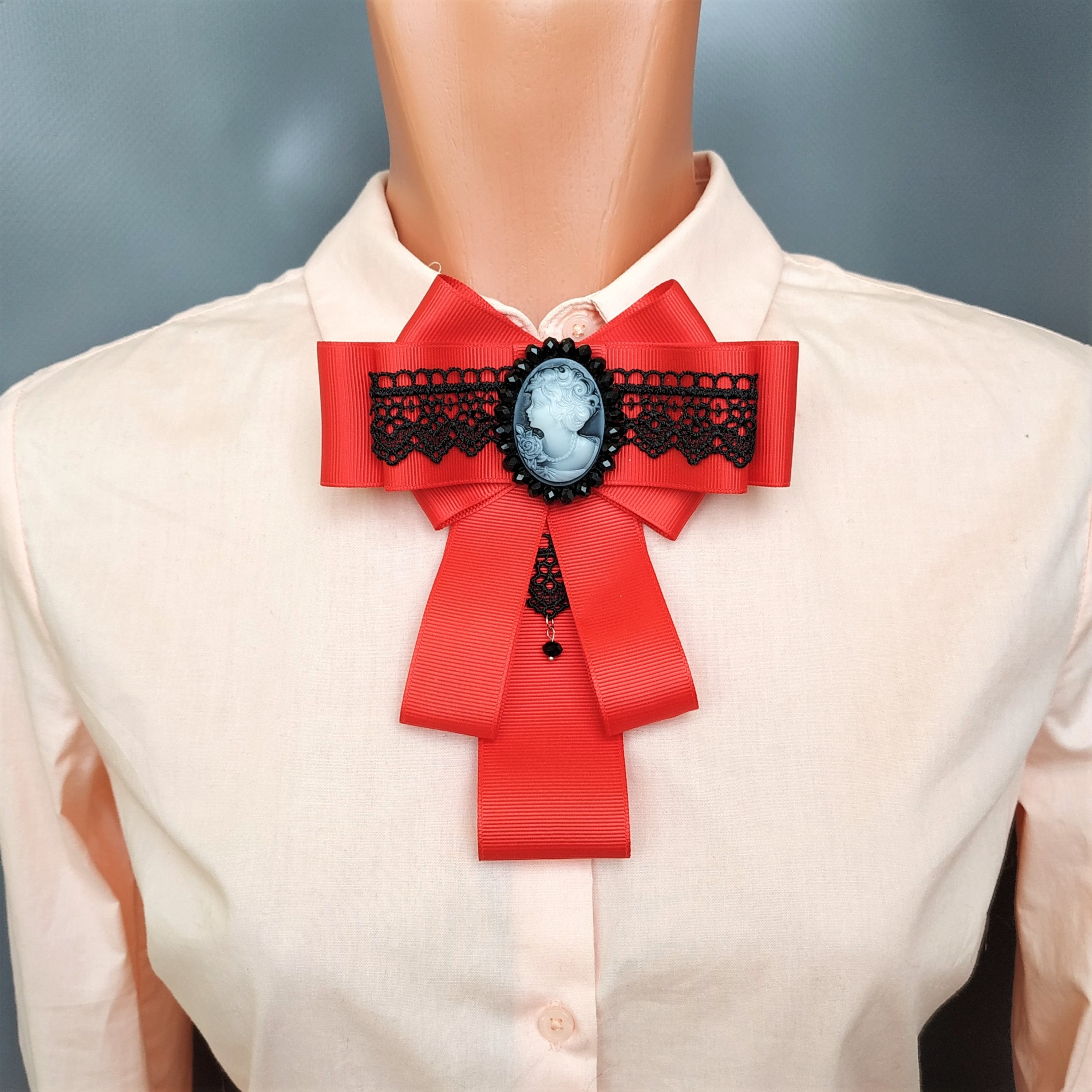 Cameo brooch Bow brooch tie Ribbon brooch for woman Red bow Etsy