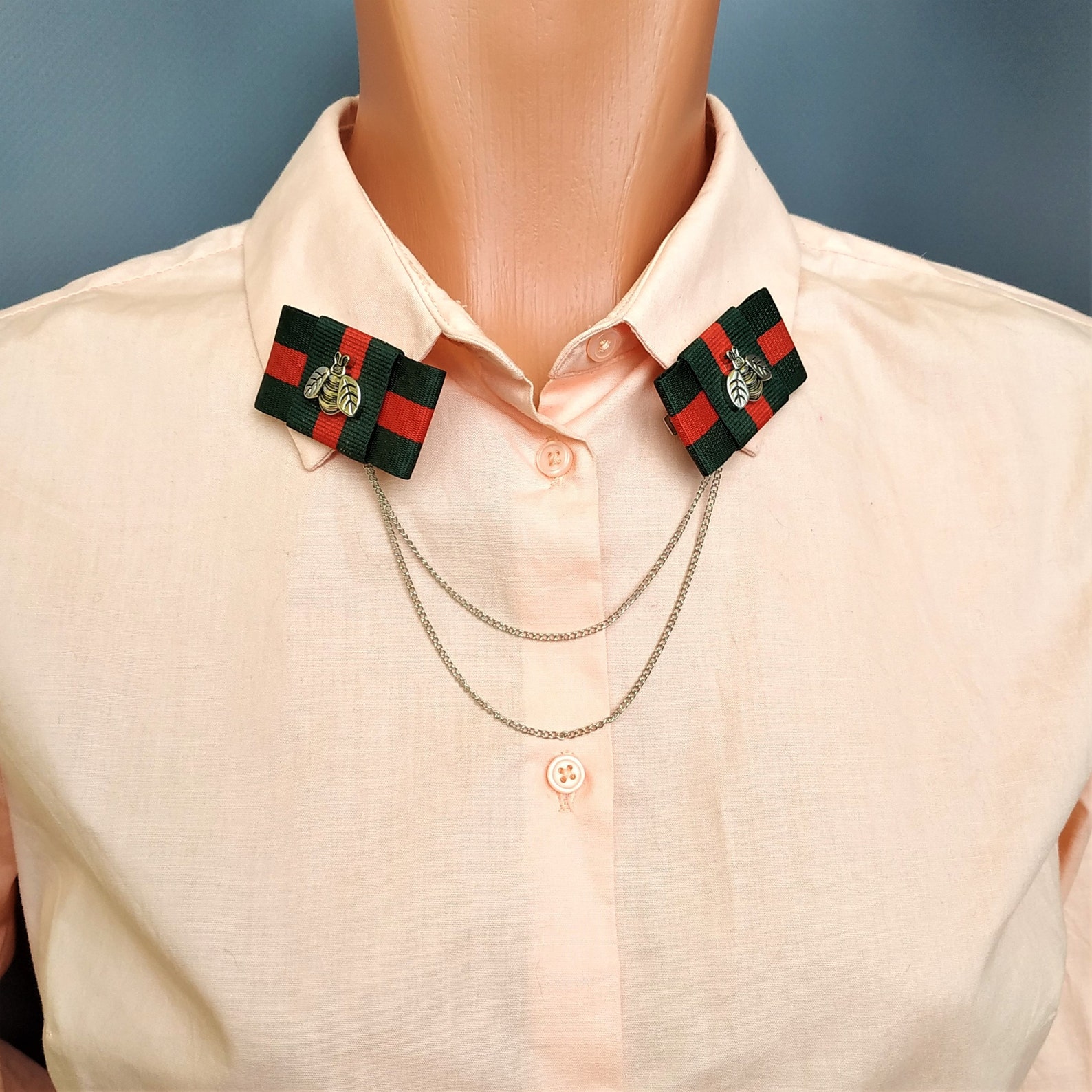 Collar clips. Collar pin. Collar chain clips bee striped red Etsy