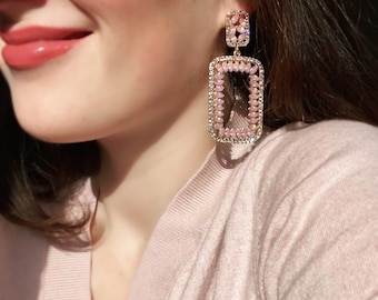 Square pink sparkle hoop earrings