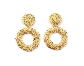Small Gold textured  drop hoop earrings