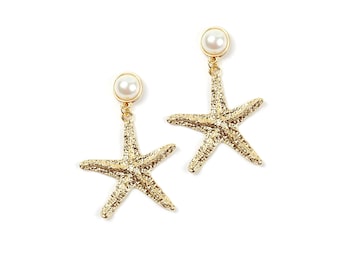 Gold Starfish Earrings with Pearl Stud