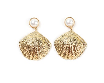 Gold shell statement earrings with pearl stud