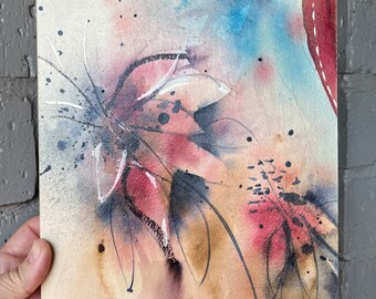 Original Abstract Floral Watercolor Painting - 8x10 Mounted Canvas