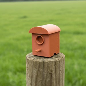 Op de afbeelding: Een terracotta-kleurig vogelhuisje met een afgerond dak en een ronde ingang. Het heeft een zitstokje onder de ingang en is gemonteerd op een verweerde houten paal. De achtergrond toont een groen veld en een bewolkte lucht.