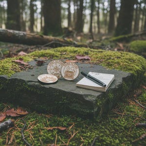 Op de afbeelding: Houten onderzetters met gegraveerde ontwerpen, waaronder een kompas, een schatkist en een berglandschap, worden getoond op een met mos bedekte rots. Een klein notitieblok en een pen zijn ook aanwezig, tegen een vage bosachtergrond.
