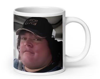 Funny mug with a sarcastic edited fat Sam Sulek bodybuilding image: perfect gift for gym bros.