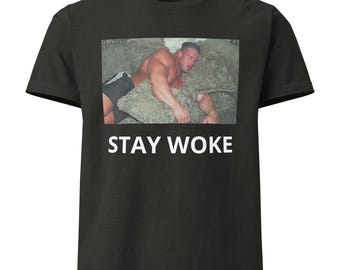 Oversized Pump Cover Shirt | Funny Gym T‑Shirt | Sleeping Bodybuilder “Stay Woke” Tee | Weightlifting Fitness Pump Cover | Workout Humor Tee