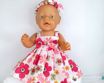Dolls clothes flower print dress knickers and headband fits baby born 16"-17" doll size clothes