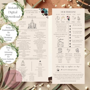 Plantilla de tarjeta de boda católica infográfica, plantilla de programa de ceremonia católica, tarjeta de boda editable, línea de tiempo de descarga instantánea