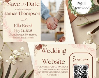 May include: A save the date card with a floral design. The card is for the wedding of James Thompson and Ella Reed on May 24, 2025 in Chattanooga, Tennessee. The card includes a photo of the couple holding hands and a QR code to scan for more information.