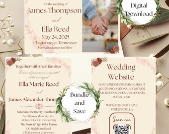 May include: A wedding invitation suite with a floral design. The save the date card features a couple holding hands with a floral border. The invitation card features a floral design with the text "Together with their families" and the names "Ella Marie Reed" and "James Alexander Thom". The wedding website card features a floral design with the text "Wedding Website" and a QR code to scan for more information. The text "Bundle and Save" is featured on the invitation card.