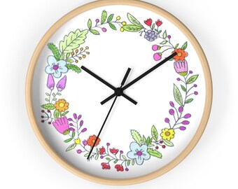 SPRING Wall clock  | Floral Wooden Round Wall Clock | Hand Drawn Silent Kitchen Wall Clock | Flower Wreath Wall Clock