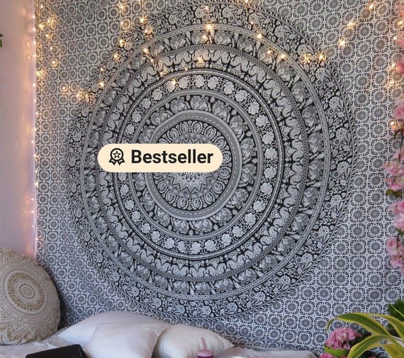 Large Boho Indian Wall Hanging Mandala Tapestry, 100% Cotton Handcrafted Bedspread Table Cloth, Wall decor Black White Elephant UK Seller
