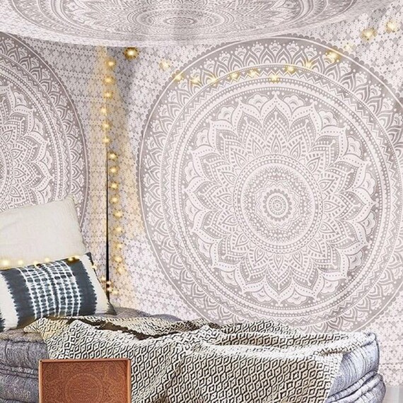 Large Boho Indian Wall Hanging Mandala Tapestry 100 Cotton Handcrafted Bedspread Table Cloth Dorm Hippie Wall Decor Silver Ombre Uk Seller