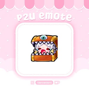 Puede incluir: Ilustración digital de un personaje de estilo anime llorando dentro de un cofre del tesoro. El cofre es marrón con detalles dorados y un gran ojo azul en la parte superior. El texto "p2u emote" está encima de la imagen.