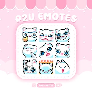 May include: A collection of nine white cat emotes with various expressions, including wearing glasses, sticking out their tongue, and holding a knife. The text "P2U EMOTES" is displayed above the emotes on a pink background.