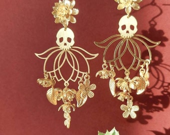 Cactus flower earrings - Pretty cactus flower earrings - Gold plated trailing flower and leaf charms - Skull charm - Gold plated ear wires