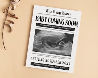 Zwangerschap aankondiging krant, babyaankondiging, afdrukbare krant geslacht onthullen, bewerkbare sjabloon