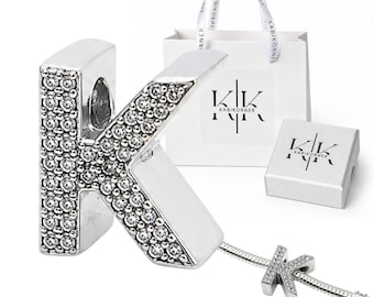 Letter K Sterling Silver Bead Charm - Fits Charm Bracelets and Necklaces.