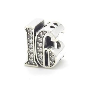 16th Bead Charm Sterling Silver 925 With Gift Box - fits Pandora Bracelet. 16 Age Birthday Bead Charm