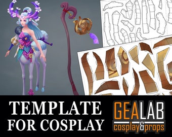 May include: A papercraft template for cosplay, featuring a character with deer-like legs, a staff, and floral headwear. The template is from GEALAB cosplay & props.