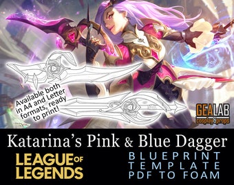 May include: A printable blueprint template for a pink and blue dagger from the video game League of Legends. The template is designed for use with foam and is available in A4 and Letter formats.