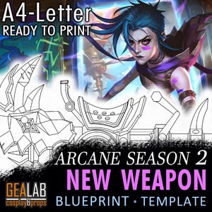 May include: A printable blueprint template for a weapon from the Arcane TV series. The blueprint is for a futuristic weapon with a complex design. The template is ready to print on A4 paper.