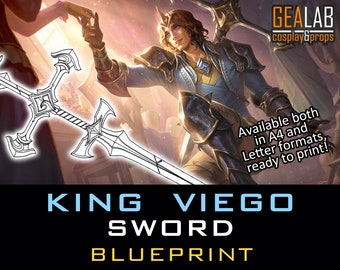 May include: A printable blueprint of King Viego's sword from League of Legends. The sword is a large, double-edged weapon with a crossguard and a pointed tip. The blueprint is available in A4 and Letter formats.
