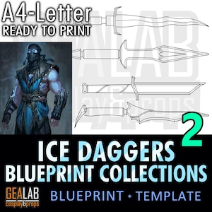 Op de afbeelding: Een blauwdrukcollectie van ijsdaggers, klaar om af te drukken. De afbeelding toont vier dolkontwerpen, met een karakterillustratie links. Tekst omvat "A4-Letter READY TO PRINT" en "ICE DAGGERS BLUEPRINT COLLECTIONS".