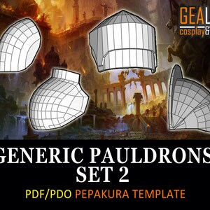 May include: A set of four printable papercraft templates for creating generic pauldrons. The templates are designed for use with the Pepakura Designer software. The image shows the four templates in a digital format, with a white grid pattern.