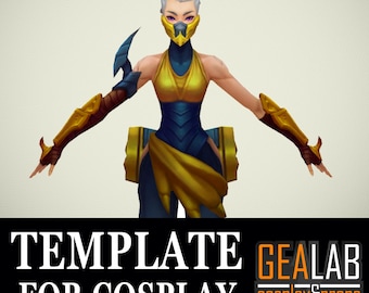 May include: A digital illustration of a female character wearing a yellow and blue costume with a mask. The character has white hair and is holding a weapon in each hand. The image is labeled "TEMPLATE FOR COSPLAY GEALAB cosplay&props".