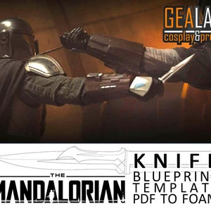May include: A scene from The Mandalorian featuring two characters in armor, one holding a knife. The image includes the text "GEALAB cosplay & props" and a blueprint of a knife with the text "KNIFE BLUEPRINT TEMPLATE PDF TO FOAM" and "THE MANDALORIAN".