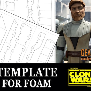 May include: A black and white printable template for a foam costume prop. The template is for a Star Wars Clone Wars character. The text "TEMPLATE FOR FOAM" is at the bottom of the image. The Star Wars Clone Wars logo is in the bottom right corner.