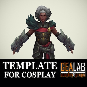 May include: A 3D model template for cosplay, featuring a character with gray hair, a green and black feathered collar, and a red sash. The character is wearing armor with gold accents and holding weapons in each hand. The text "TEMPLATE FOR COSPLAY" and "GEALAB cosplay & props" is visible at the bottom of the image.