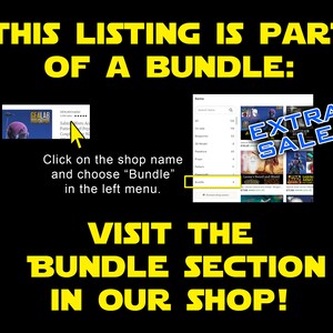 Pu&ograve; includere: Una grafica gialla su sfondo nero con il testo "This listing is part of a bundle: Visit the bundle section in our shop!" Uno screenshot di un sito web di un negozio mostra un elenco di articoli in vendita, inclusa un'opzione di bundle. Il testo "Extra Sale!" &egrave; in un cerchio rosso.