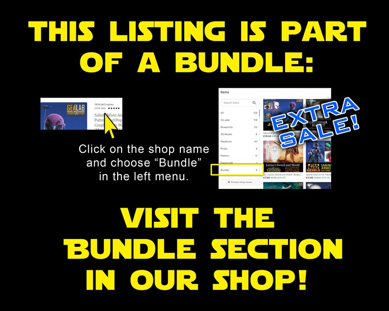 Pu&ograve; includere: Una grafica gialla su sfondo nero con il testo "This listing is part of a bundle: Visit the bundle section in our shop!" Uno screenshot di un sito web di un negozio mostra un elenco di articoli in vendita, inclusa un'opzione di bundle. Il testo "Extra Sale!" &egrave; in un cerchio rosso.