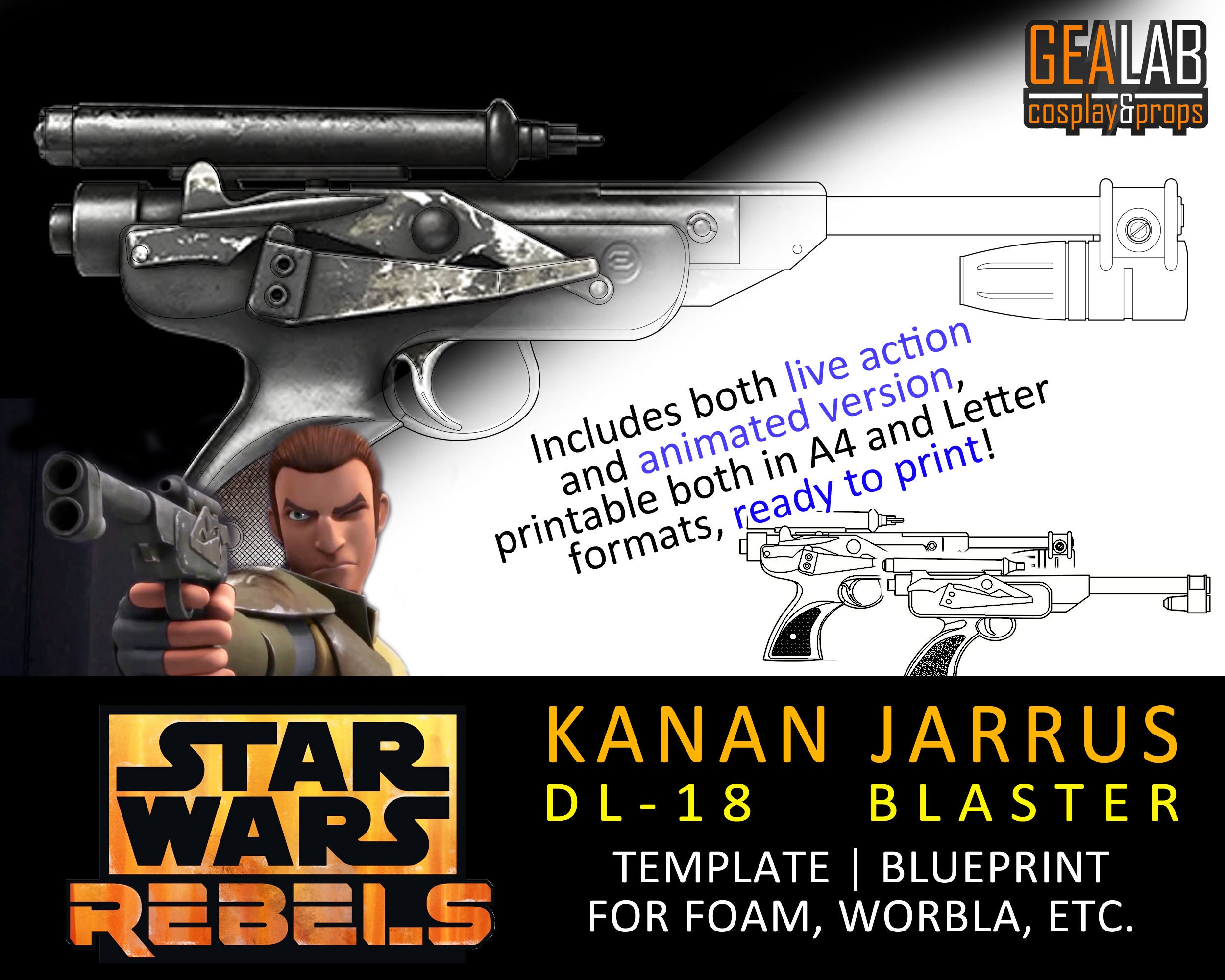 Dl 18 Blaster Kanan Jarrus Pistol Blueprint For Cosplay Etsy Canada
