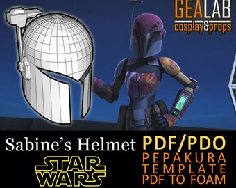 May include: A digital template for a Mandalorian helmet, featuring a 3D wireframe model of the helmet. The template is for use with the Pepakura software and can be used to create a foam helmet. The image also includes the text "Sabine's Helmet PDF/PDO PEPAKURA TEMPLATE PDF TO FOAM" and the Star Wars logo.