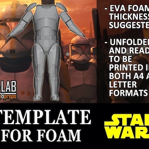 May include: A Star Wars themed template for creating a foam costume. The template shows the unfolded pieces of the costume, with instructions to print in both A4 and letter formats. The text "EVA Foam Thicknesses Suggested!" is included.