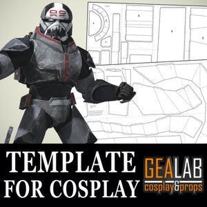May include: A printable template for a Star Wars cosplay costume. The template is for a black and gray armored character with a red helmet and a red and white symbol on the helmet. The template is from GEALAB cosplay & props.