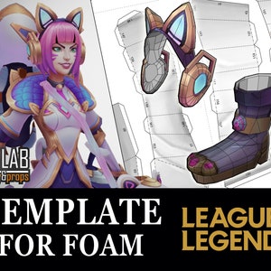 Op de afbeelding: Een printbare sjabloon voor een League of Legends-personagekostuum. De sjabloon is ontworpen voor gebruik met schuim en bevat een full-body personageontwerp, een koptelefoon en een laars.