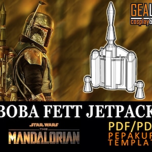 May include: A digital template for a Boba Fett jetpack from the Star Wars: The Mandalorian series. The template is in PDF/PDO format and is for use with the Pepakura software. The image shows a 3D model of the jetpack, which is a white and gray color.