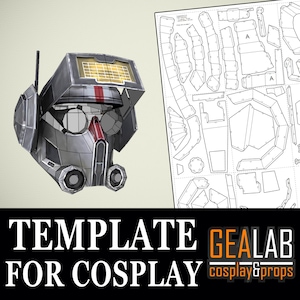 Pode incluir: Um modelo de papelcraft imprimível para um capacete, com um design detalhado com uma faixa vermelha e uma viseira. O modelo é etiquetado como "GEALAB cosplay & props" e "TEMPLATE FOR COSPLAY".