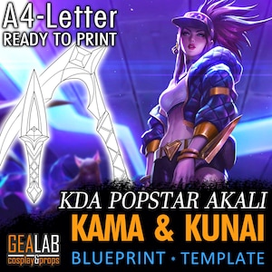 K/DA Popstar Akali Kama & Kunai - Akali Weapons Blueprint template for Cosplay (LoL League of Legends) PDF to FOAM
