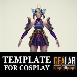 May include: A digital illustration of a character in a cosplay costume. The costume is predominantly blue and purple with gold detailing. The character wears a headpiece and armor. The text "TEMPLATE FOR COSPLAY" is at the bottom.