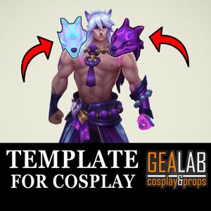 May include: A character with white hair and a bare chest wears a purple and gold outfit with wolf head masks on each shoulder. The masks are glowing in blue and purple. The text "TEMPLATE FOR COSPLAY GEALAB cosplay&props" is at the bottom of the image.