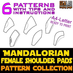 Può includere: Una collezione di modelli digitali per spalline femminili Mandaloriane. L'immagine mostra sei diversi modelli con istruzioni, pronti per la stampa su carta A4-Letter. Il testo include "6 PATTERNS WITH TIPS AND INSTRUCTIONS".