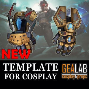 Op de afbeelding: Een paar gouden en zwarte papieren handschoenen met blauwe kristallen accenten. De handschoenen zijn ontworpen voor cosplay en zijn gelabeld "NEW TEMPLATE FOR COSPLAY GEALAB cosplay&props".